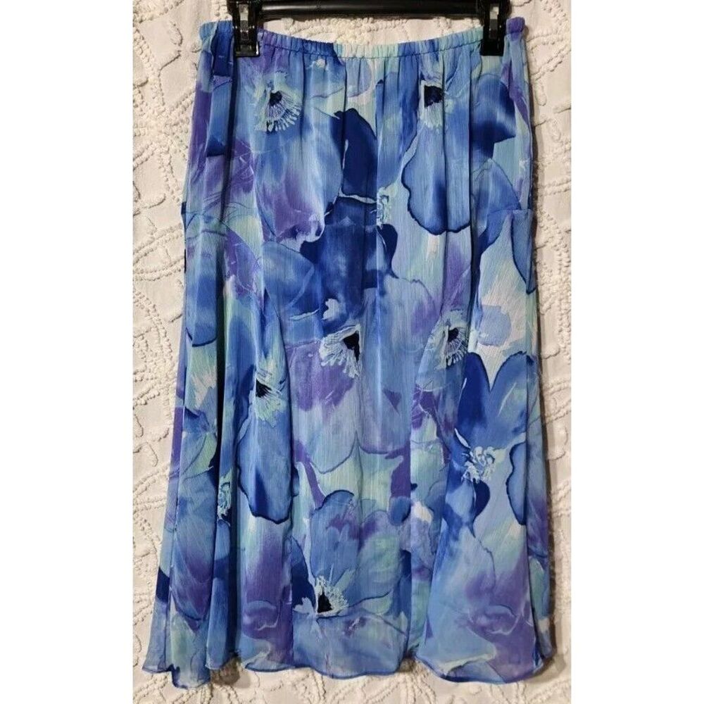 Vtg‎ Dana Kay Skirt Womens 12 Blue Watercolor Floral Flowy Lined Modest Feminine